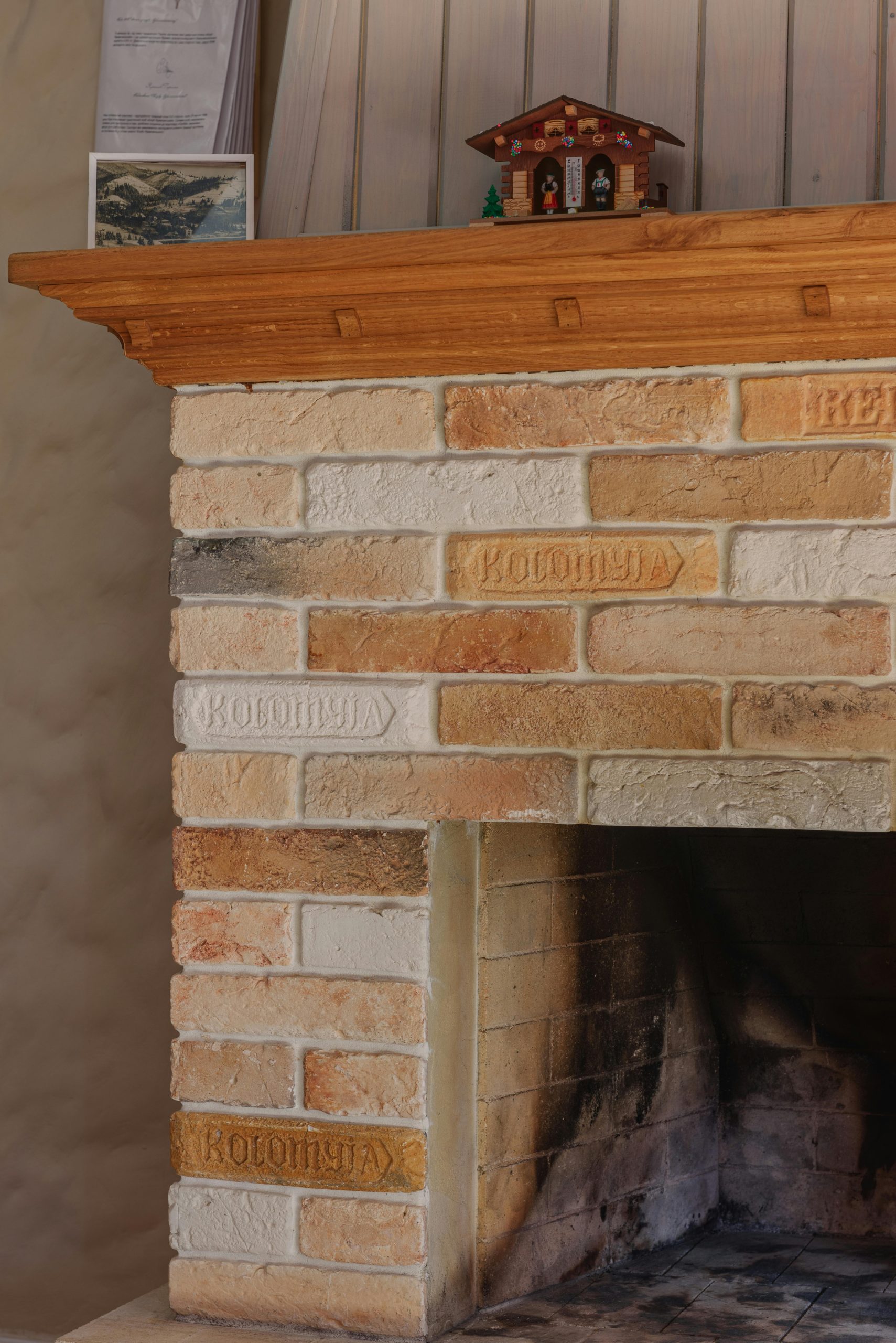 Close-up of a rustic brick fireplace, highlighting its warm tones and inviting home interior style.